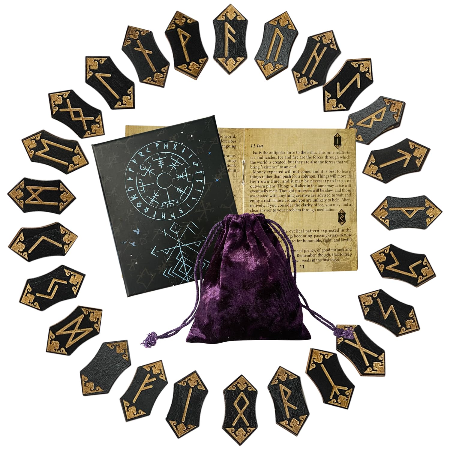 25-Piece Wooden Viking Rune Stone Set with Guide Book